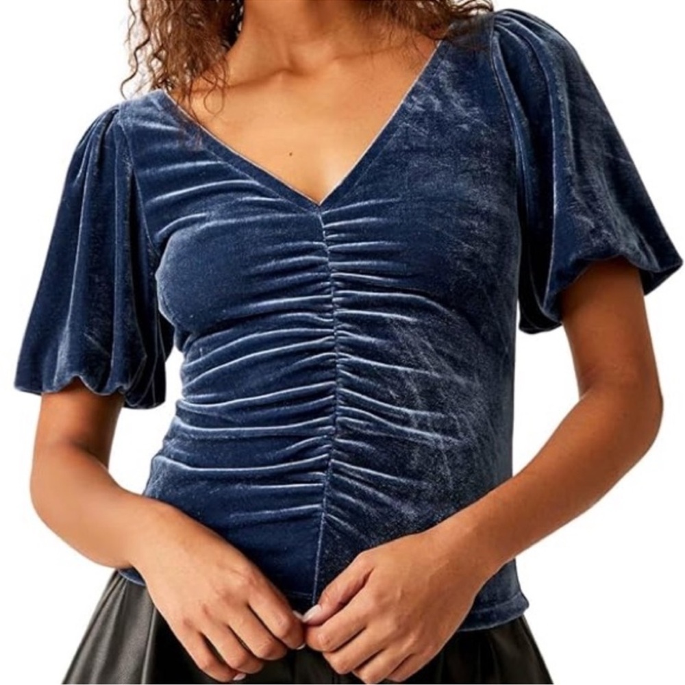 Free People Velvet Ruched V-Neck Top in Navy - Picture 3 of 3